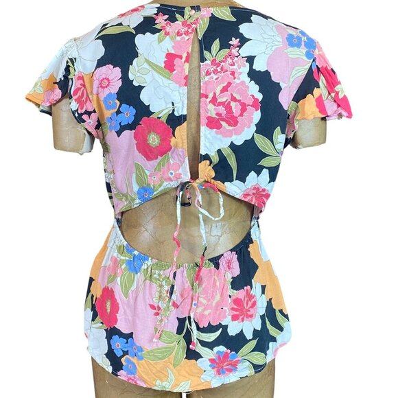 Jessica Simpson Open Back Flutter Sleeve Floral Top Sz L #204J - Picture 5 of 8